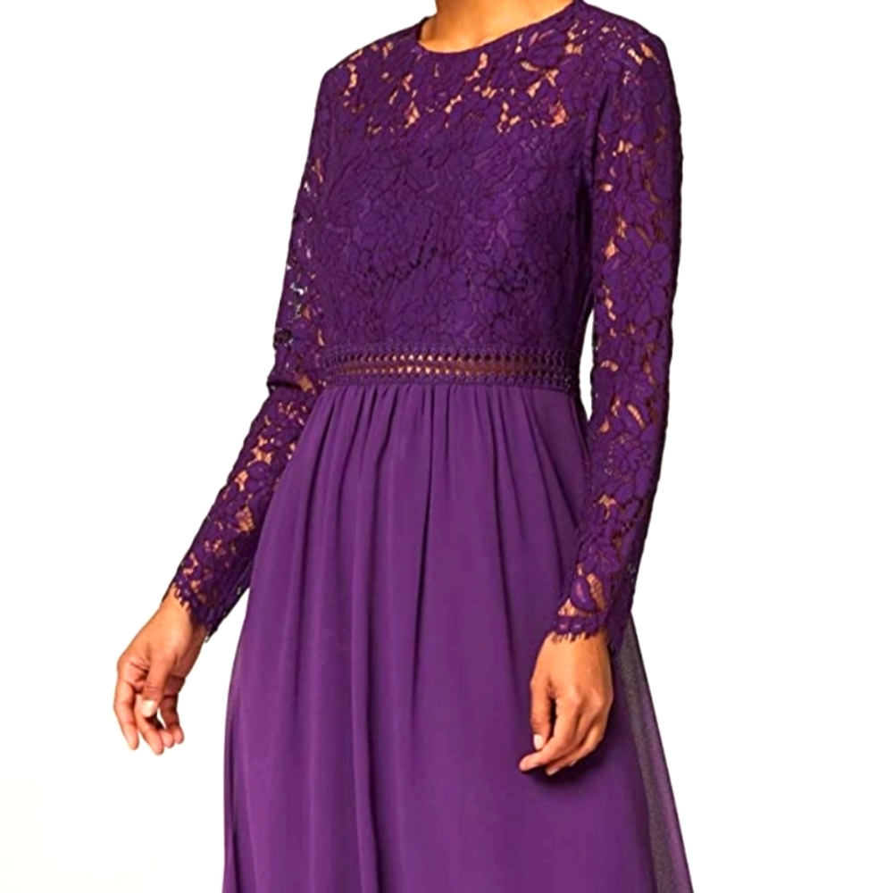 Truth and Fable purple long sleeve lace top gown maxi dress S